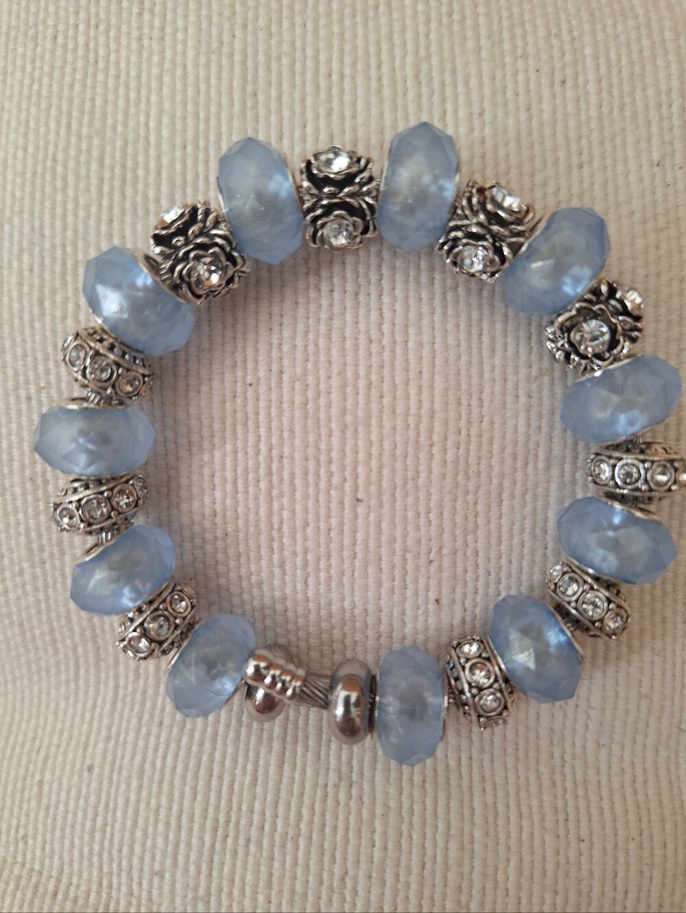 Light Blue Faceted Glass Bead Adjustable Bracelet - Handmade